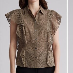 NWT Theory Nova Flutter Sleeve Eyelet Cotton Blouse Willow Size Large